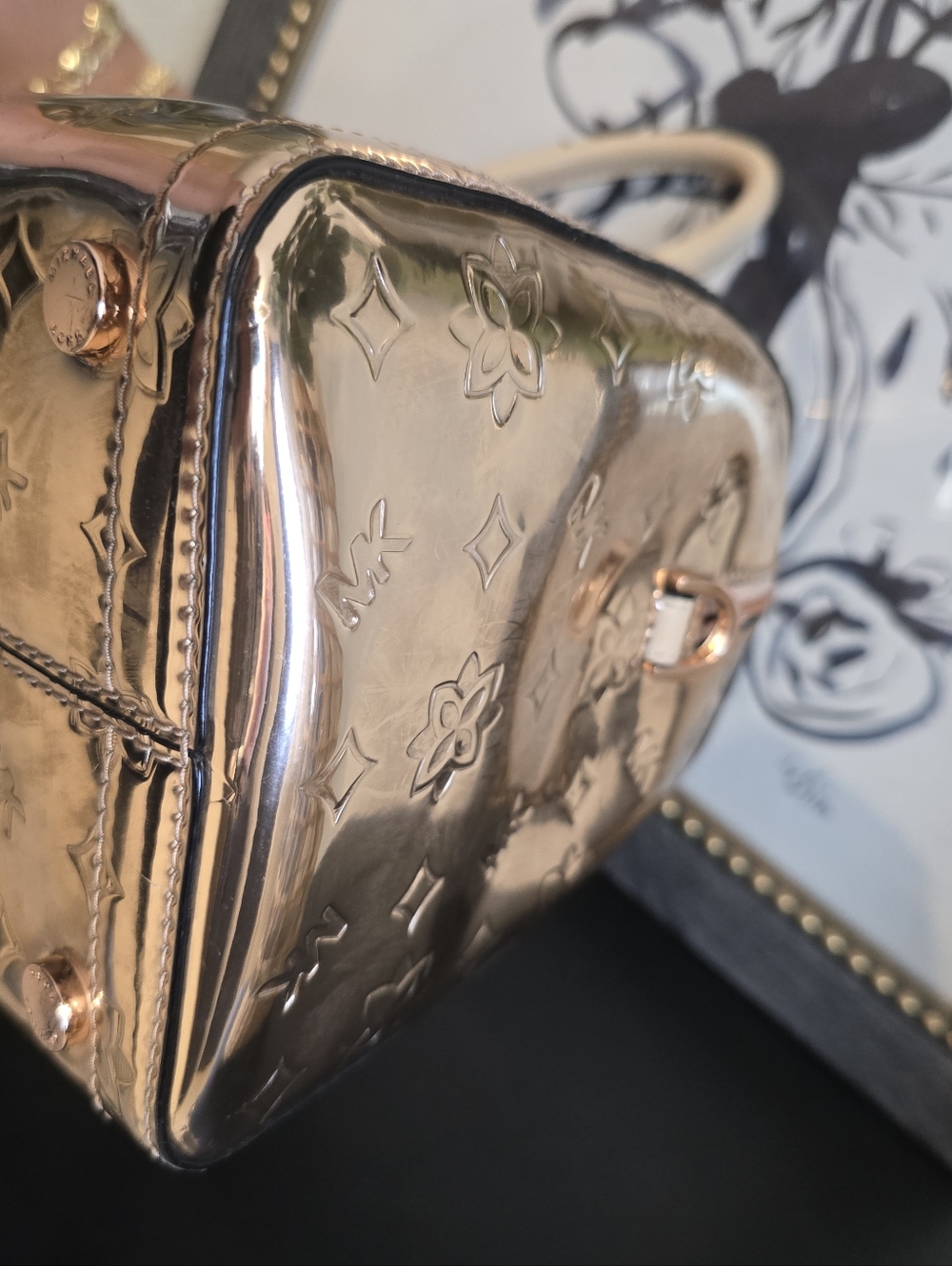 Michael Kors Kara Mirror Metallic Embossed Large Duffle Satchel Bag Rose Gold - Picture 11 of 14